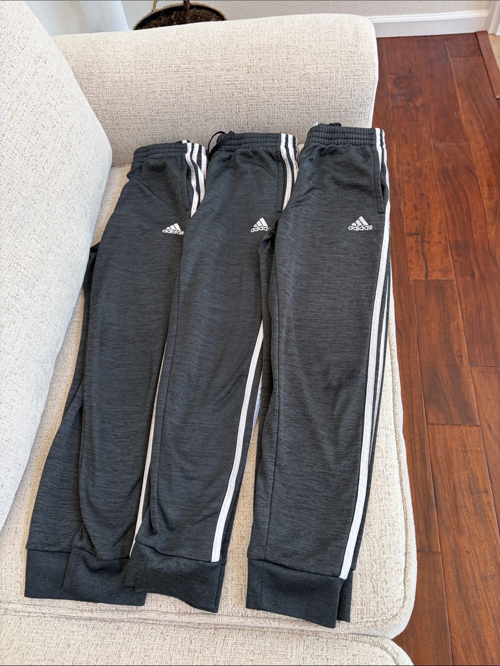 3pairs adidas size M (10/12) Kids Dark Gray Joggers with White Side Stripes